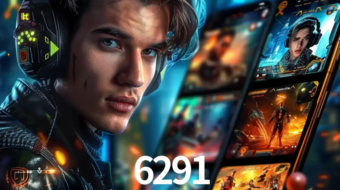 Jovem jogador com fones de ouvido olhando para a câmera, com um aplicativo de jogos e e-sports para celular ao fundo, pronto para a competição e apostas no 6291.