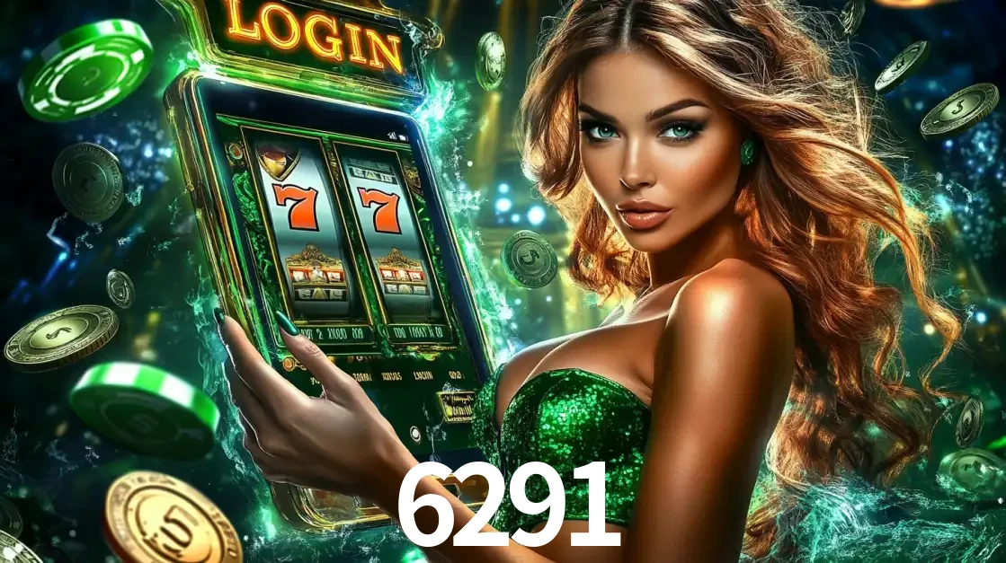 Mulher com tema verde apresentando o aplicativo do cassino 6291 com um jogo de slot de 777, cercada por fichas de cassino e uma aura de sorte.