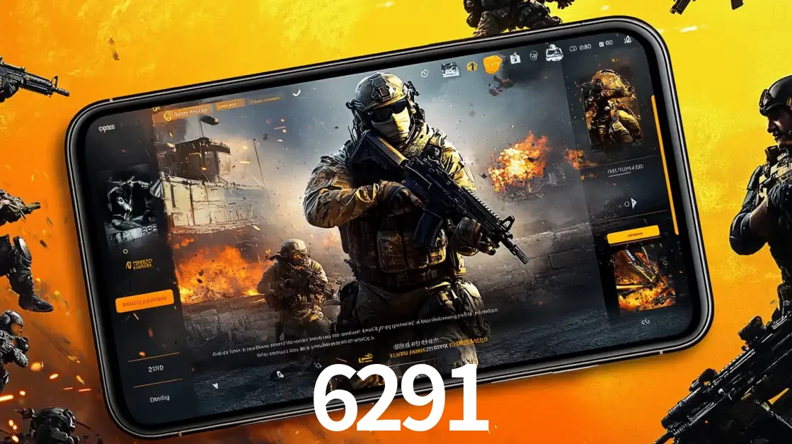 Um smartphone exibindo a interface de um jogo de tiro em primeira pessoa, com um soldado em um cenário de batalha, representando a ação dos e-sports para apostar no 6291.