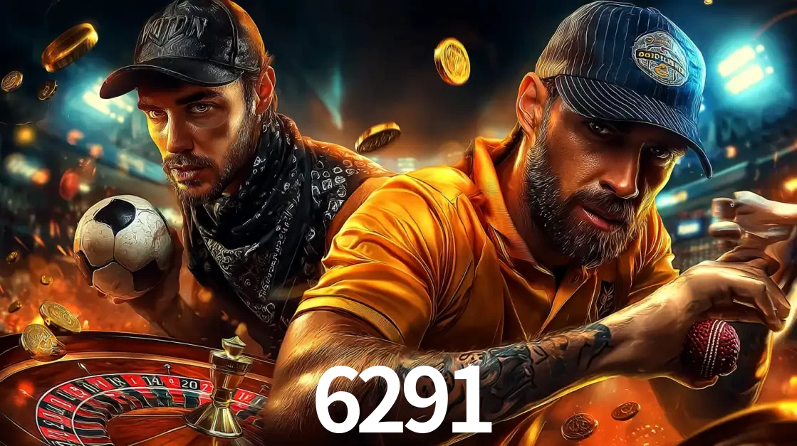 Montagem de apostas esportivas e cassino no 6291, com um homem segurando uma bola de futebol e outro uma de beisebol sobre uma roleta e moedas voadoras.