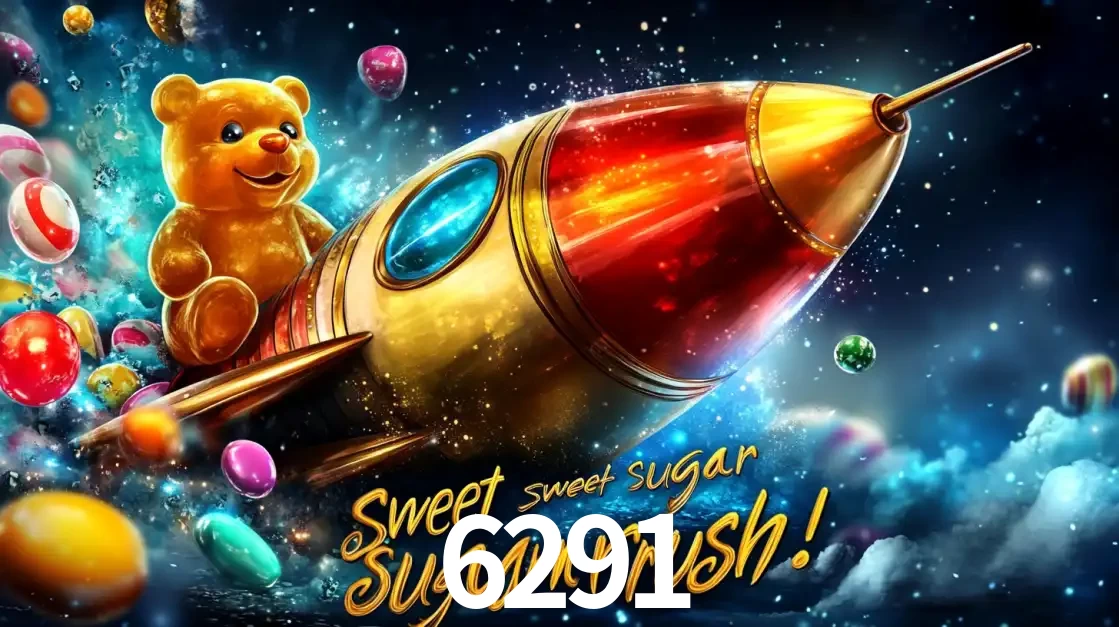 Arte promocional do jogo de slot Sugar Rush, com um urso de pelúcia em um foguete viajando pelo espaço de doces, um dos jogos divertidos disponíveis no cassino 6291.