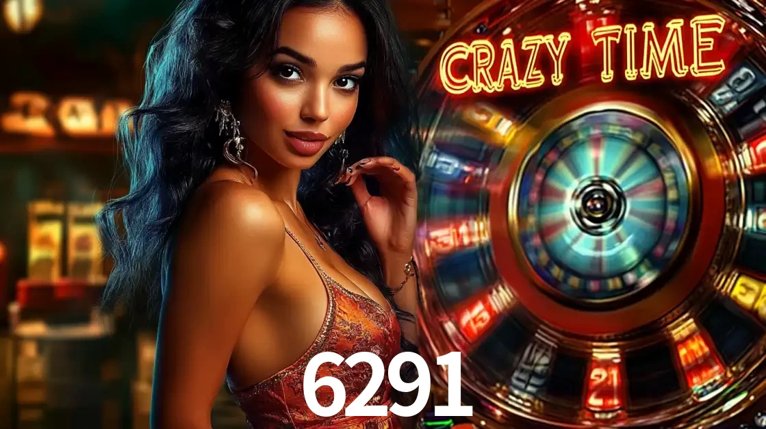 Mulher elegante ao lado da vibrante roda da fortuna do jogo de cassino ao vivo Crazy Time, um dos game shows mais populares e cheios de prêmios do 6291.