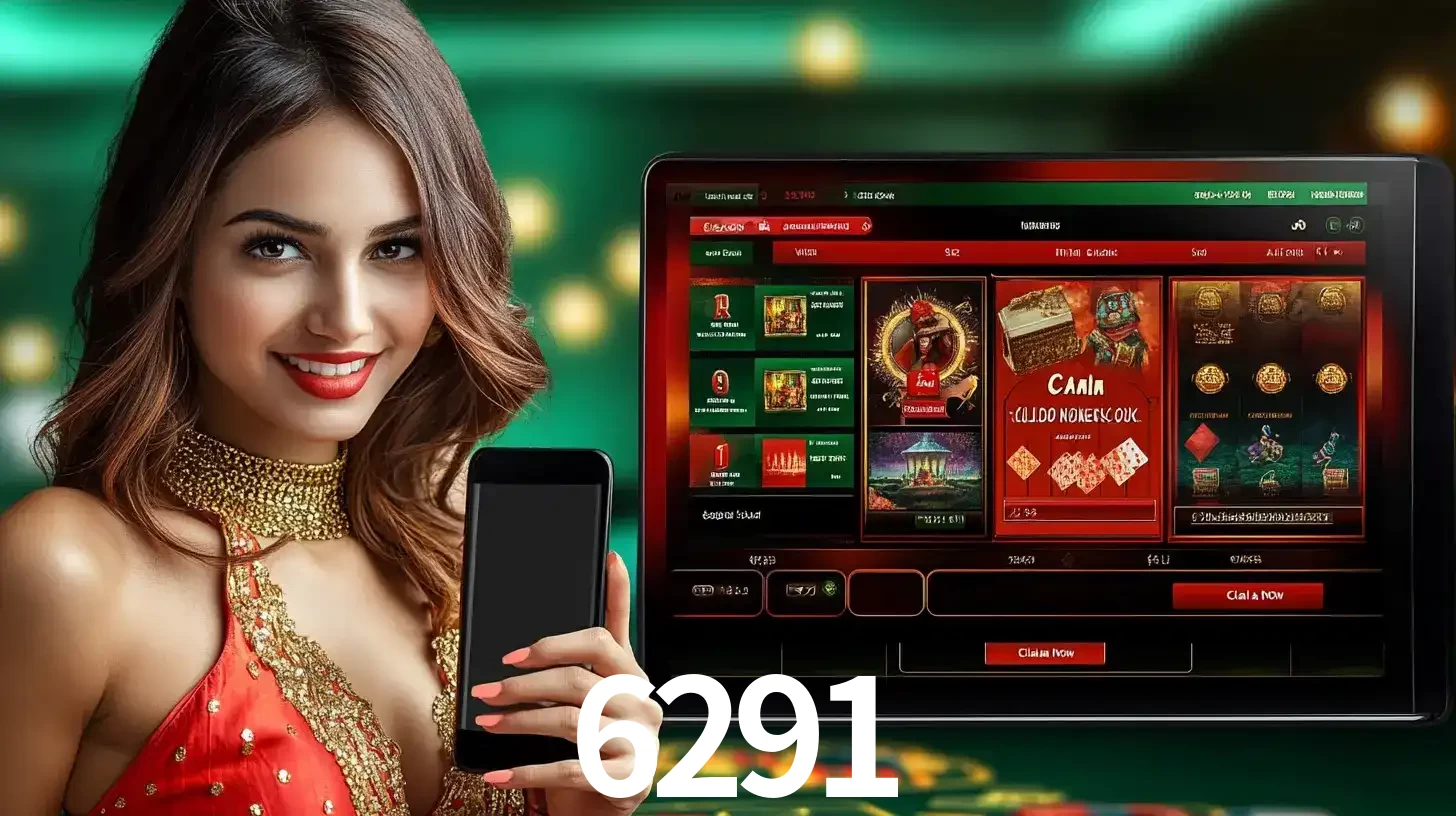 Mulher sorridente segurando um smartphone, ao lado de uma tela exibindo o lobby de jogos do cassino online 6291, com várias opções de jogos de cartas e slots.